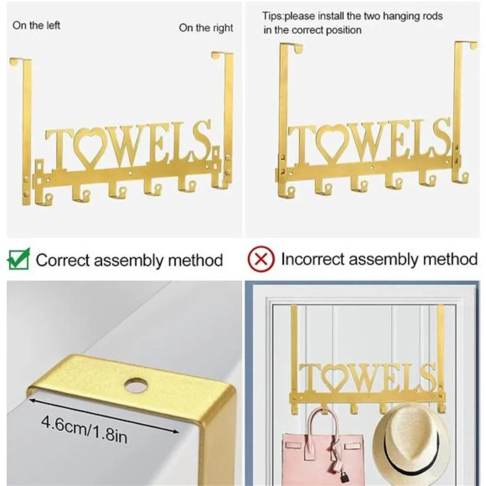 Over The Door Towel Rack Metal Bath Towel Holder Hanger Bathroom Bedroom Gold